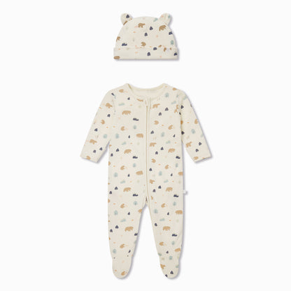 Bear Print Zip-Up Sleepsuit & Hat Set
