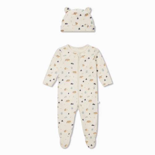 Bear Print Zip-Up Sleepsuit & Hat Set