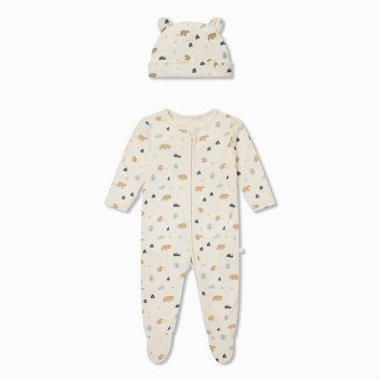 Bear Print Zip-Up Sleepsuit & Hat Set