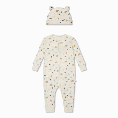 Bear Print Zip-Up Sleepsuit & Hat Set