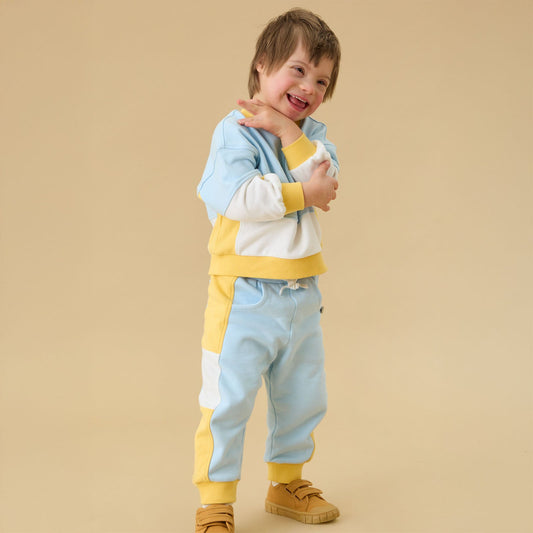 KIDLY by MORI Colourblock Sweatshirt & Joggers Outfit - Blue & Yellow