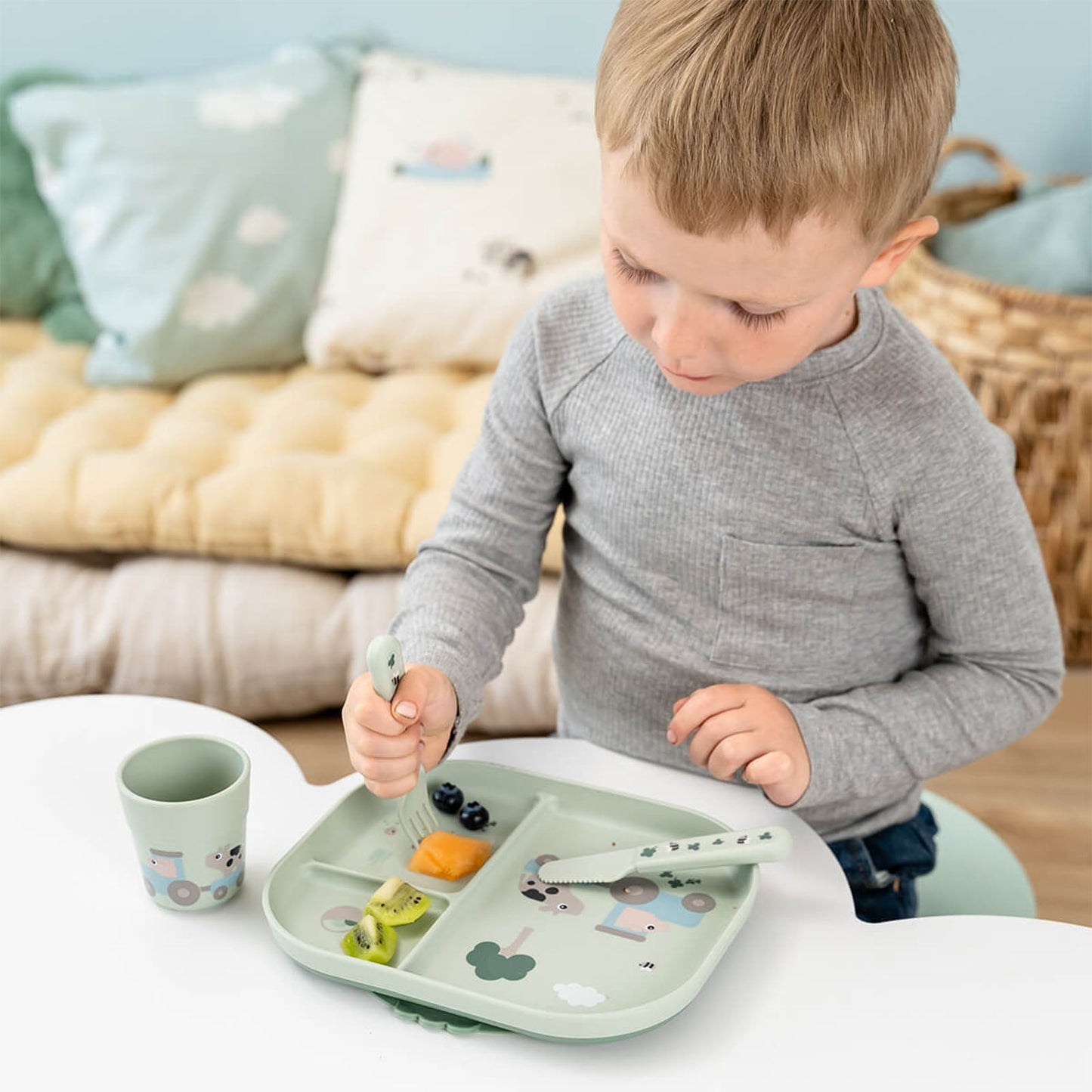 Done By Deer Foodie Dinner Set with suction Tiny Farm Green