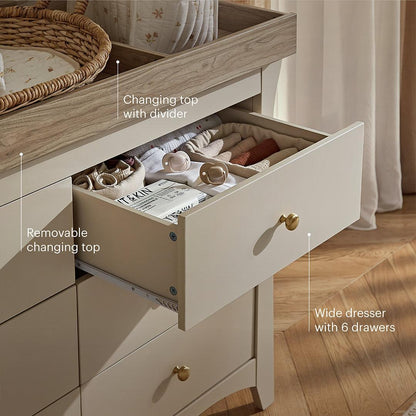 CuddleCo Clara Wide 6 Draw Dresser Changer - Cashmere/Ash