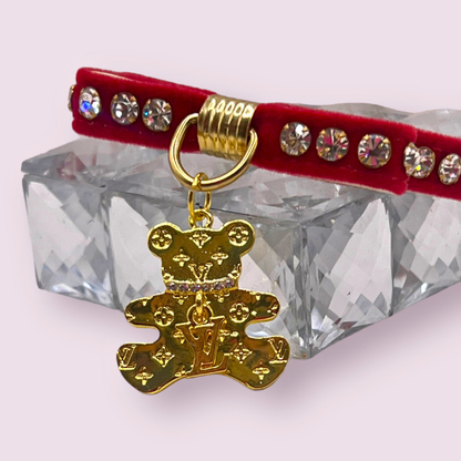 Bark Fifth Avenue - Velvet Bow Bear Charm Collar- Dog Collar